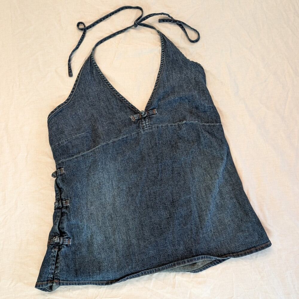 Y2K Denim Halter Top Cropped XL 90s Bratz Tie Front Bow Dark Wash Cotton Stretch